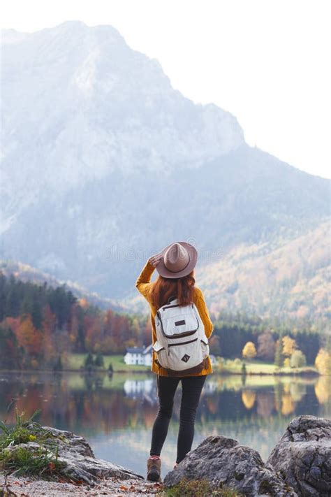 Girl Stands On The Shore Of A Mountain Lake Stock Image Image Of