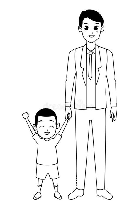 Single Father With Little Son Cartoon In Black And White Stock Vector