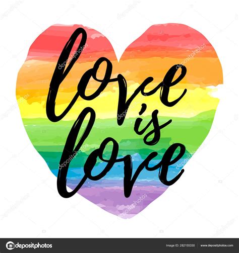 love is love lettering on watercolor rainbow spectrum heart shape homosexuality emblem isolated