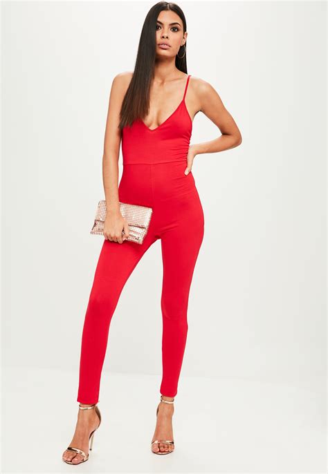 Lyst Missguided Red Jersey Strappy Unitard Jumpsuit In Red