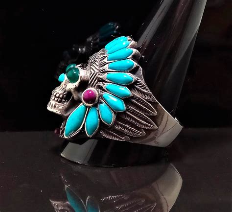 Skull American Indian Sterling Silver 925 Tribal Chief Warrior Natural