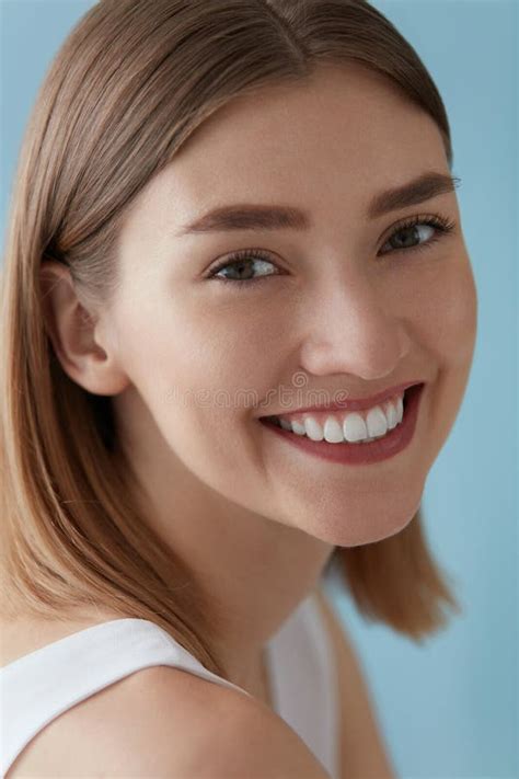Smiling Woman With Beauty Face And White Teeth Smile Closeup Stock