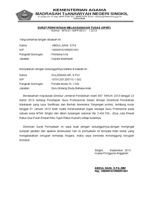 Pentingnya surat tugas untuk berbagai urusan. 1. Surat Pernyataan Melaksanakan Tugas(Spmt) an. Sulaeman Ar