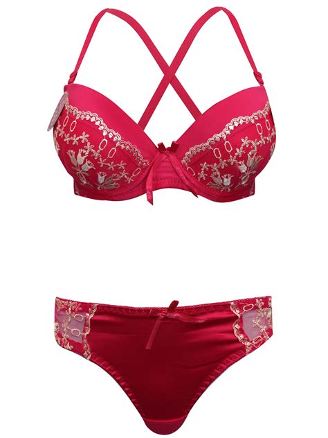 Hana Hana HOT PINK Embroidered Full Cup Satin Mesh Bra Thong