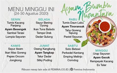 Daftar Menu Mingguan 24 30 Agustus 2020 Ayam Bumbu Nusantara Artofit