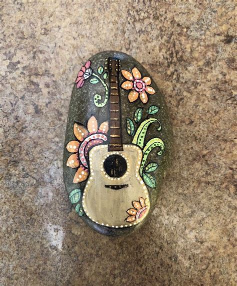 Hand Painted Floral Guitar Rock Paperweight Hand Painted By Etsy In