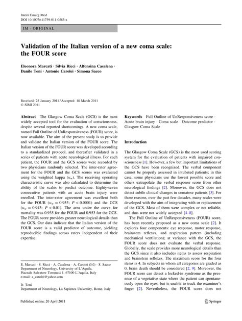 Pdf Validation Of The Italian Version Of A New Coma Scale The Four Score