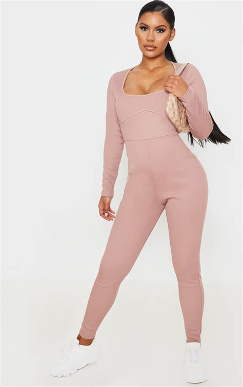 Mauve Long Sleeve Ribbed Piping Detail Jumpsuit Prettylittlething Usa