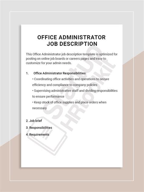 Supervise clerical staff and other administrative assistants. This Office Administrator job description template is ...