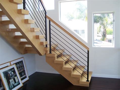 Metty metal outdoor stair railing,black handrails for outdoor steps,4 step handrail fits 1 to 4 steps mattle wrought iron handrail,hand rails for outdoor steps black. Wood Freestander with Steel Rods - Contemporary - Staircase - San Diego - by Skyhook Stairs and ...