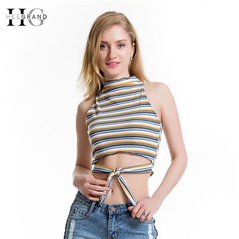 Hee Grand 2018 Lace Up Crop Tops Cotton Striped Slim Short T Shirts