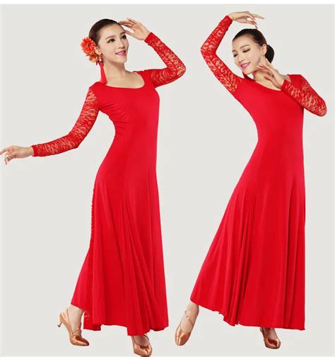 Ladies Latin Rumba Tango Cha Cha Dance Costume Round Neck Lace Collar Sleeves Long Dress
