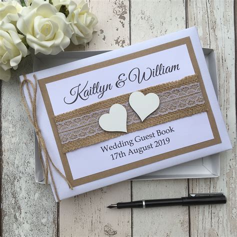 Personalised Wedding Guest Book Hessian Lace Hearts Rustic Etsy