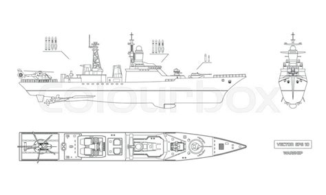 Blueprint Of Military Ship Top Front And Side View