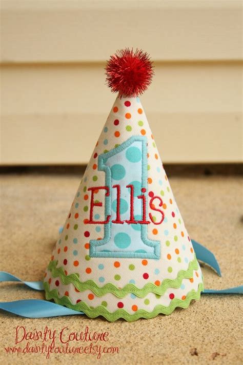 Boys First Birthday Party Hat Preppy Dots In Red Aqua