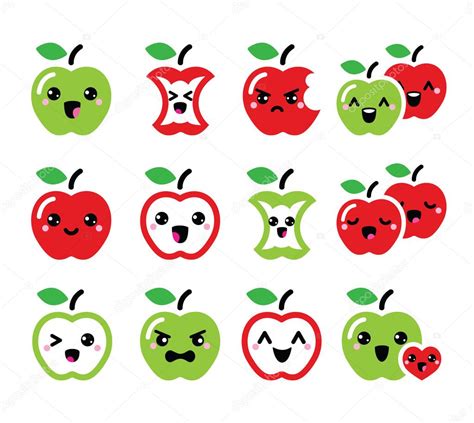 Cute Red Apple And Green Apple Kawaii Icons Set Stock Vector Image By