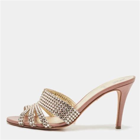 Gina Silverpink Crystal Embellished Leather Slide Sandals Size 395 Gina The Luxury Closet