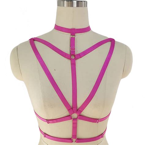 Hot Pink Women Sexy Lingerie Body Harness Choker Cage Bra Pole Dance Strappy Bralette Goth