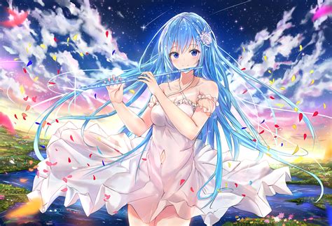 Wallpaper Anime Girls Landscape Sky Clouds Blue Hair 2349x1600