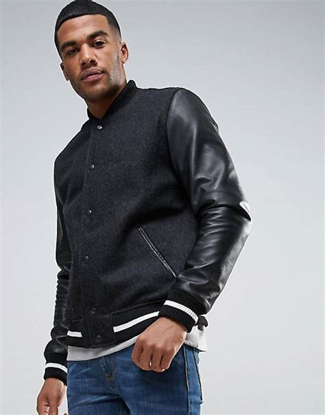 Asos Wool Mix Varsity Jacket With Leather Sleeves In Black Asos