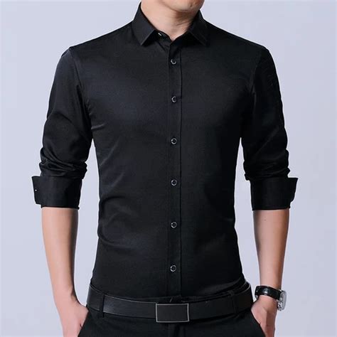 Langmeng Mens Dress Shirt Brand 2017 Mens Slim Fit Solid Color Black