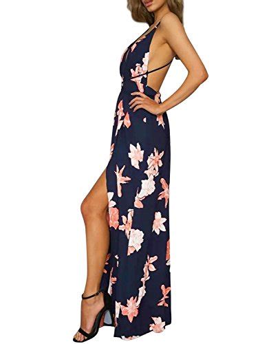 Simplee Women S Deep V Neck Backless Spaghetti Strap Floral Casual Maxi Dress