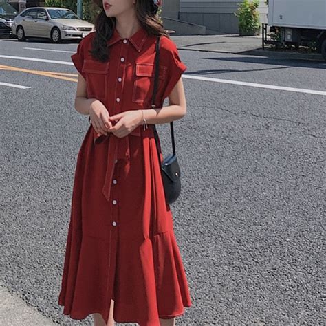 Red French Hepburn Dress Vintage Chiffon Shirt Dress Womens Dresses