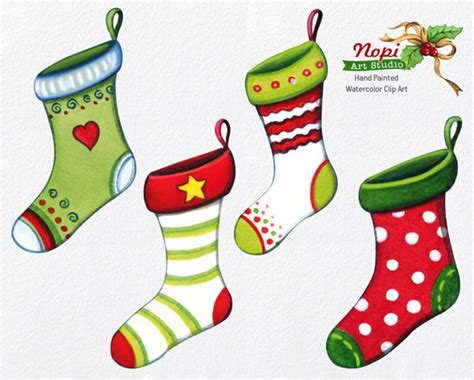 Christmas Stockings Clip Art Set Hand Painted Watercolor Xmas Elements