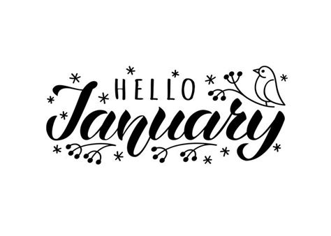 Hello january hand drawn lettering card with doodle snowlakes and bird ...