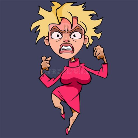 Cartoon Woman Blonde In Pink Dress Hysterically Angry Stock Vector