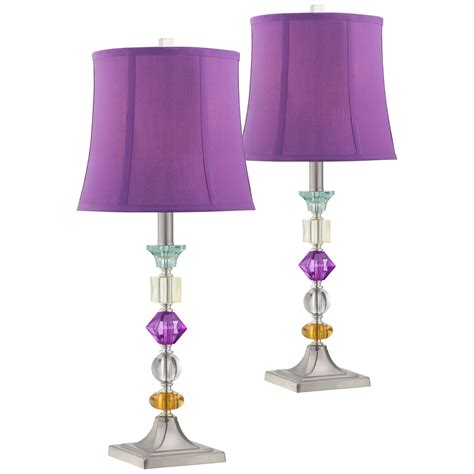 360 Lighting Modern Table Lamps Set Of 2 Brushed Steel Multi Colored Clear Stacked Gem Purple