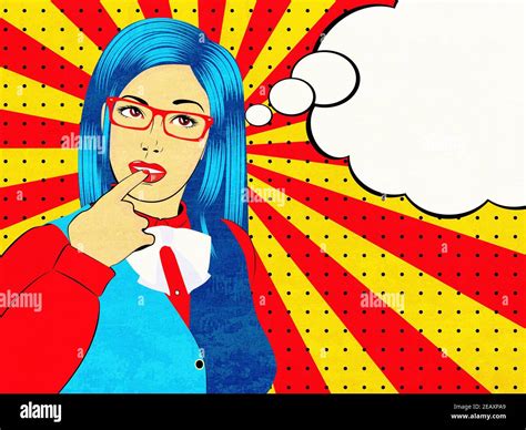 Young Thoughtful Woman In Eyeglasses Retro Pop Art Style Textured