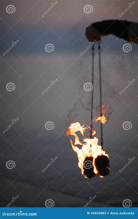 Pair Of Burning Poi In Fire Dancer Hand Stock Image Image Of Ignition