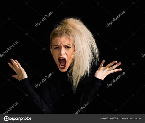 Angry Blonde Girl Portrait Screaming On Black Background — Stock Photo