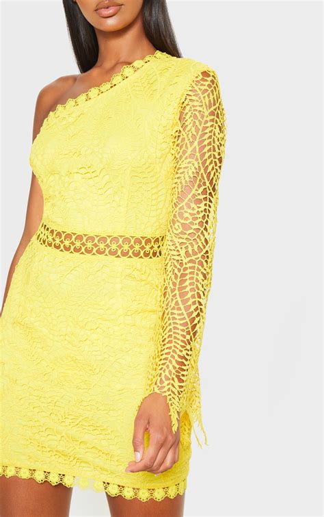 Bright Yellow One Shoulder Lace Bodycon Dress Prettylittlething Aus