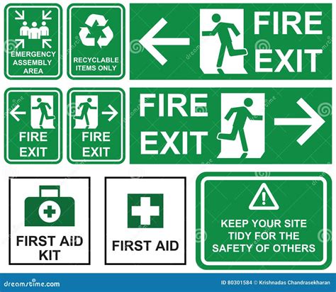 Set Of Emergency Fire Exit Emergency Assembly Area First Aid