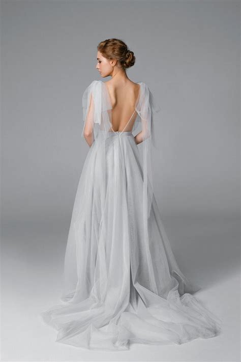 Grey Tulle Wedding Dress Open Back Tulle Wedding Dress Open Back