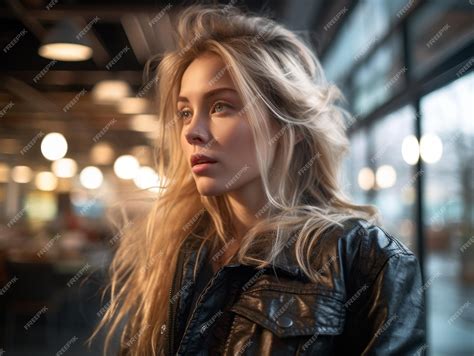 Premium Ai Image Portrait Of A Beautiful Blonde Woman In A Black Leather Jacket Looking At The