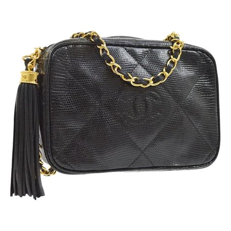 Chanel Vintage Black Lizard Exotic Gold Evening Camera Shoulder Bag In