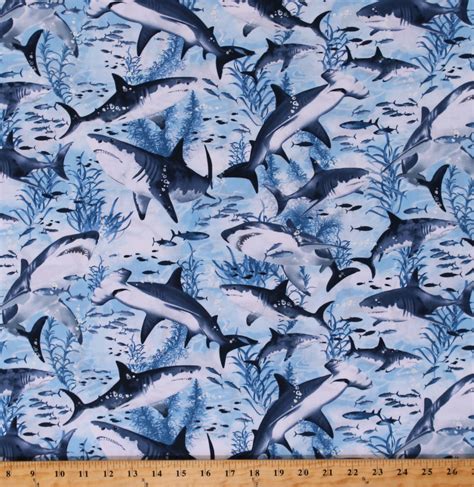 Cotton Sharks Ocean Fish Blue Cotton Fabric Print By The Yard Sea C7980