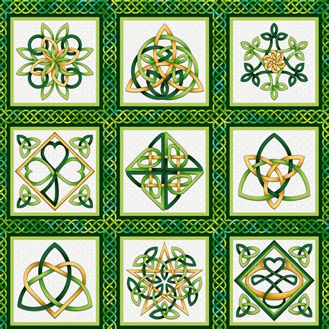 Emerald Celtic Knot Blocks Irish Folk Cotton Fabric Panel Green Yellow