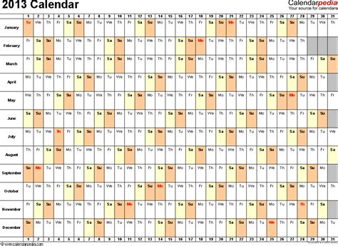 2013 Calendar Excel 11 Free Printable Templates Xlsxlsx