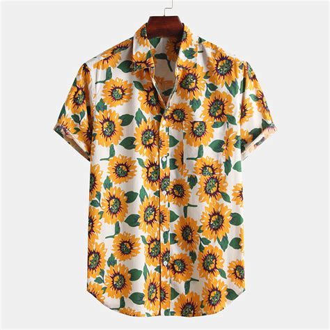 Men Sunflower Printed Chest Pocket Summer Short Sleeve Lapel Shirts