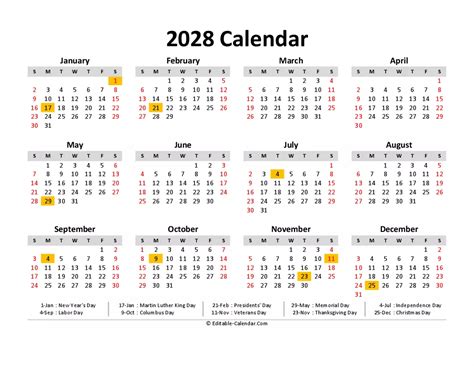Download Free Printable Calendar 2028 With Us Holidays Weeks Start On