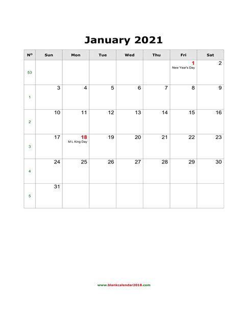 Blank Calendar For January 2021