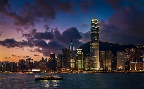デスクトップ壁紙 風景 ライト 日没 海 シティ 都市景観 香港 建築 中国 反射 空 雲 スカイライン 超高層