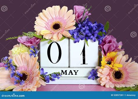 Happy May Day Calendar With Flowers Stock Image Image Of Table