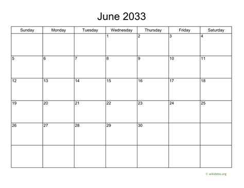 Basic Calendar For June 2033