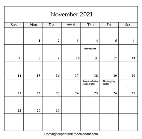 November 2021 Holiday Calendar Printable The Calendar