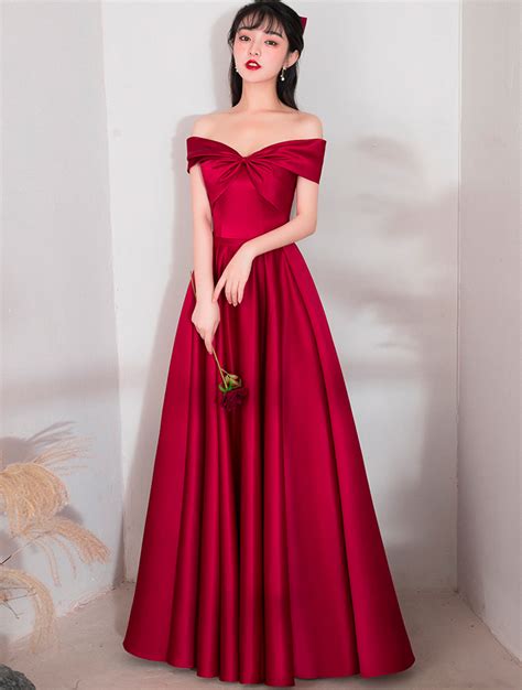 A Line Dark Red Satin Long Prom Bridesmaid Dress Florashe